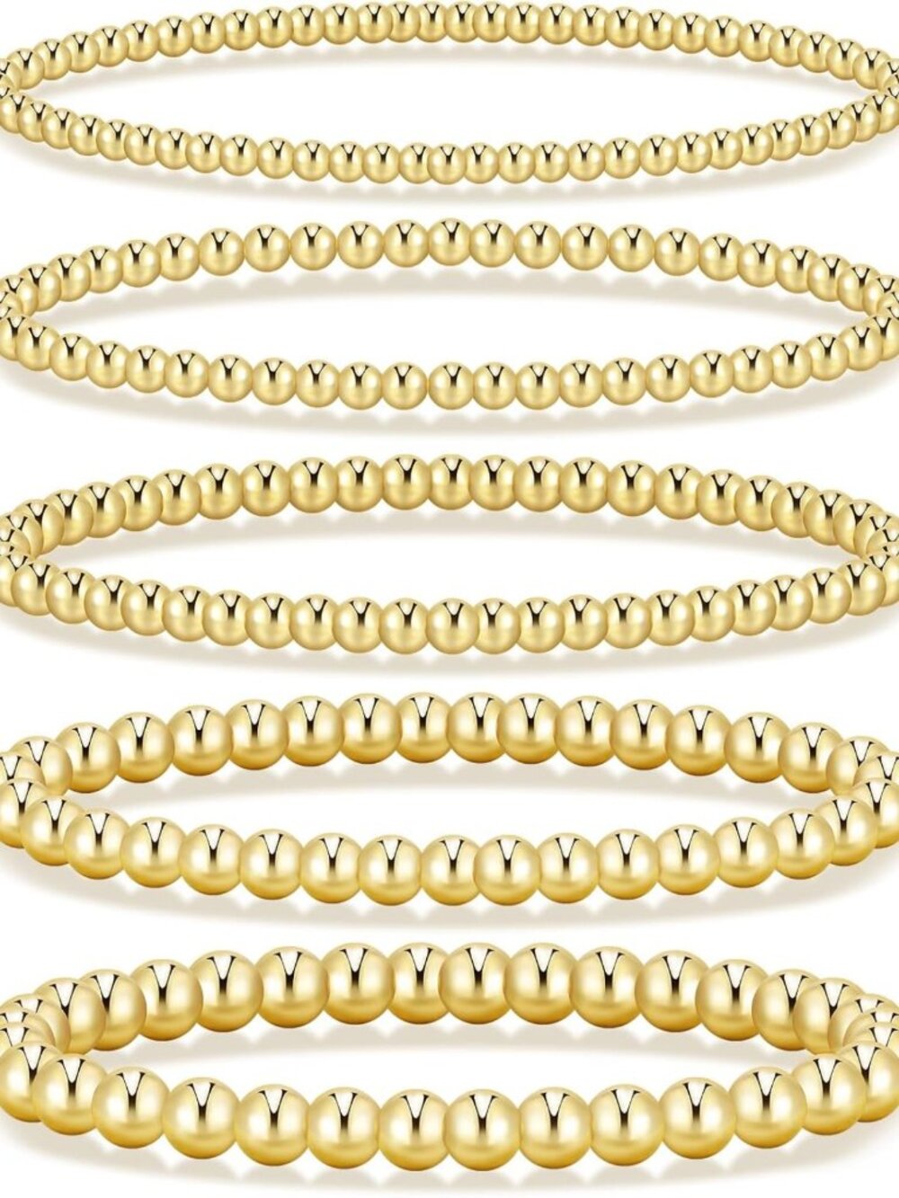 Set of 5 Gold Beaded Stretch Bracelets for Women - 14K Gold Plated Jewelry